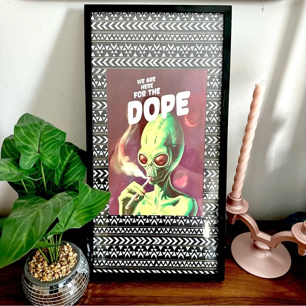 Here For the Dope Stoned Alien UFO Smoking Weed Framed Canvas Art Print Galaxy